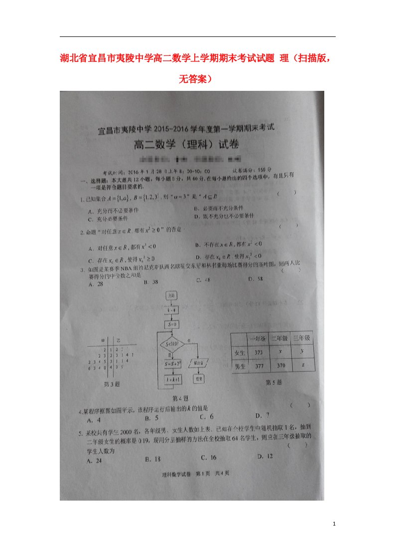 湖北省宜昌市夷陵中学高二数学上学期期末考试试题