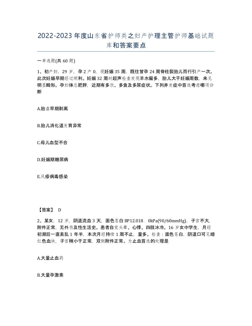 2022-2023年度山东省护师类之妇产护理主管护师基础试题库和答案要点