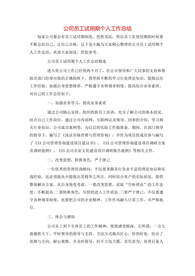 公司员工试用期个人工作总结