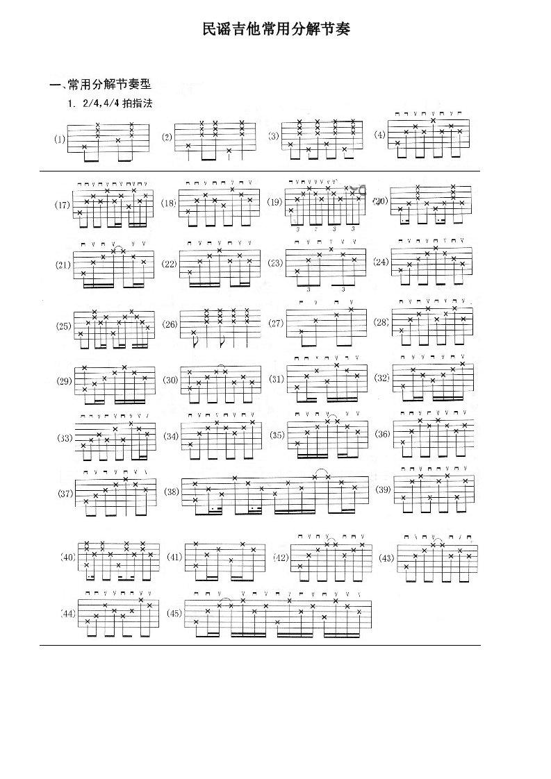 民谣吉他分解及扫弦常用节奏大全(六线谱)