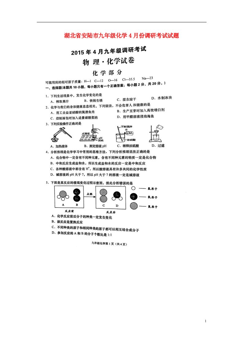 湖北省安陆市九级化学4月份调研考试试题（扫描版）