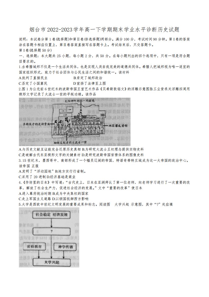 山东省烟台市2022-2023学年高一下学期期末历史试卷(无答案)