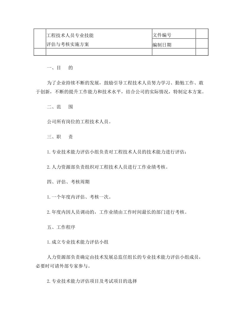 工程技术人员专业技能评估与考核实施方案(下发)