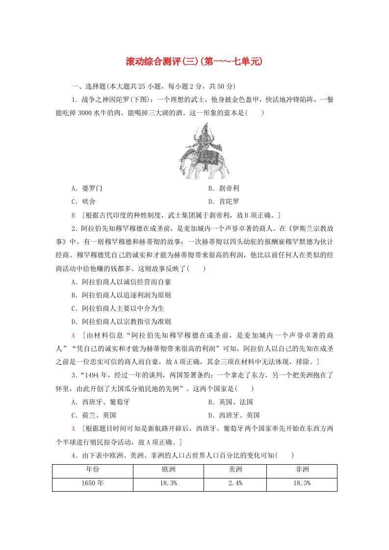 2020_2021学年新教材高中历史滚动测评3第一～七单元含解析新人教版必修中外历史纲要下