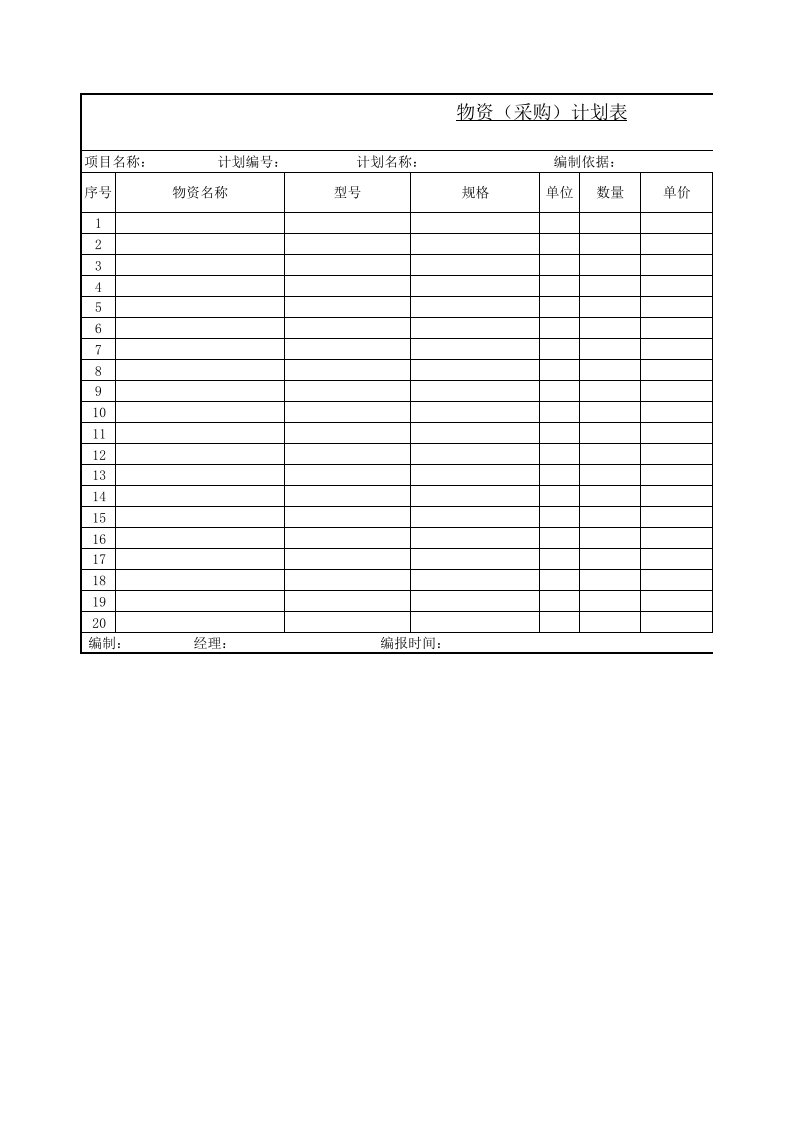 WPS表格模板：物资(采购)计划表