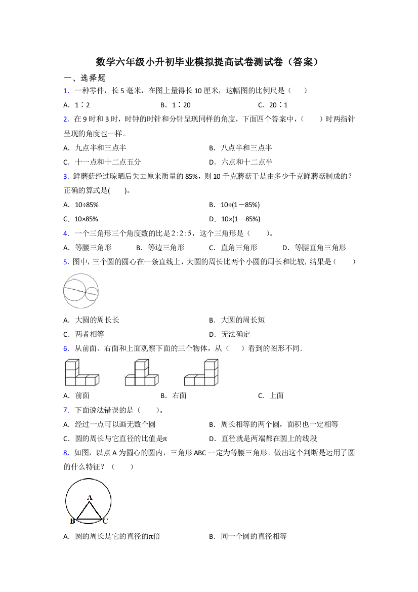 数学六年级小升初毕业模拟提高试卷测试卷(答案)