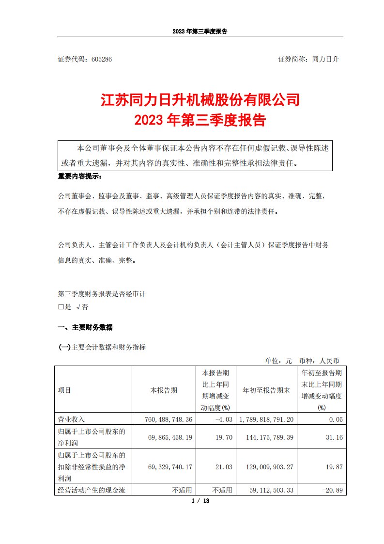 上交所-同力日升2023年第三季度报告-20231025