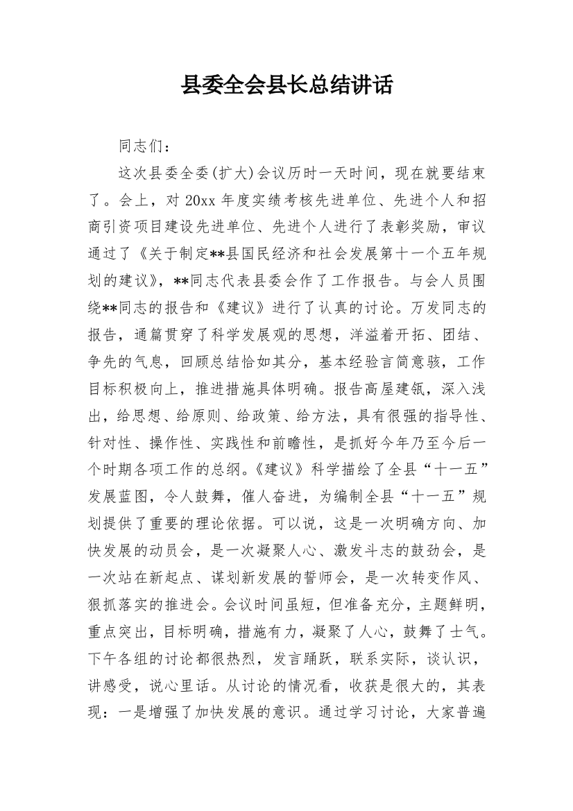 县委全会县长总结讲话