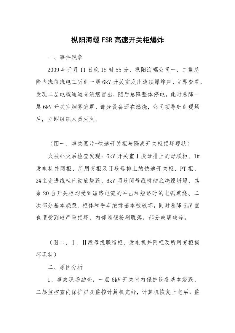 事故案例_案例分析_枞阳海螺FSR高速开关柜爆炸