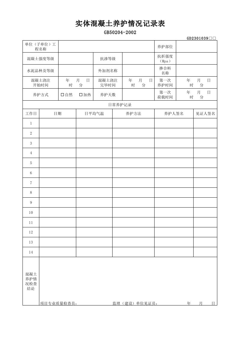 61-62实体混凝土养护情况记录表