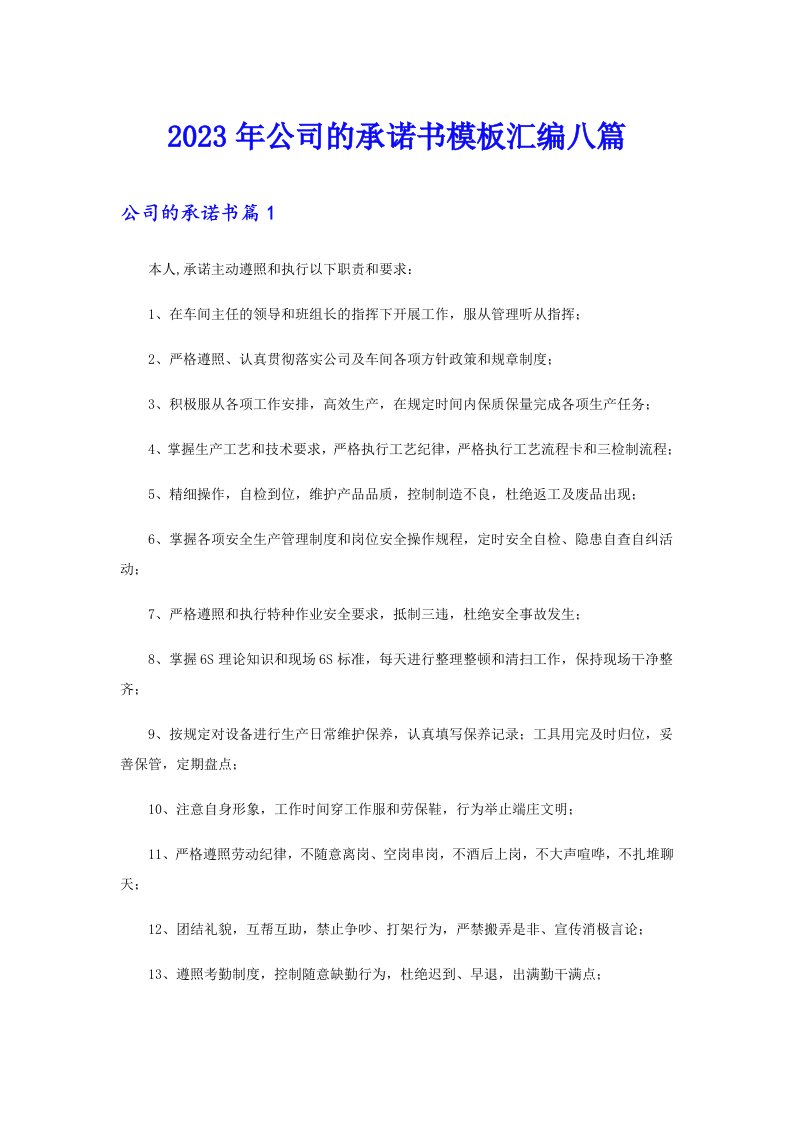 公司的承诺书模板汇编八篇