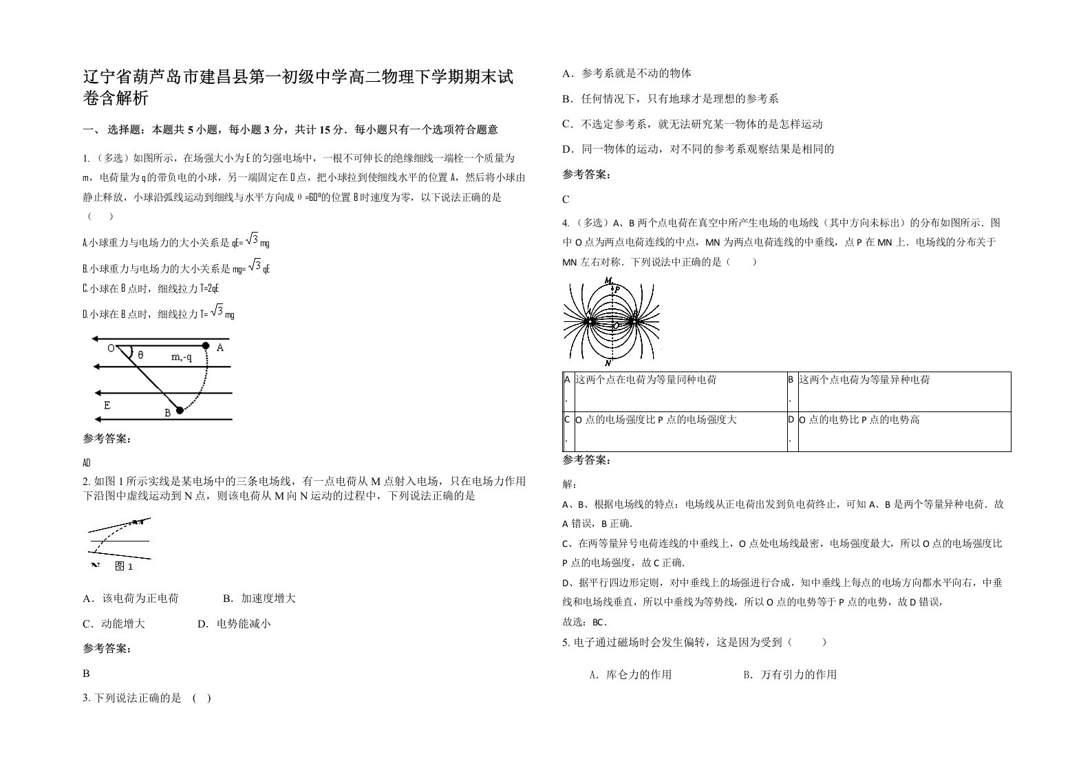 辽宁省葫芦岛市建昌县第一初级中学高二物理下学期期末试卷含解析