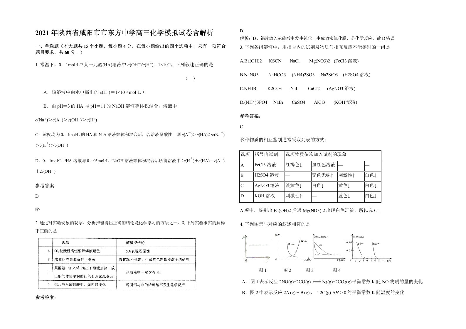 2021年陕西省咸阳市市东方中学高三化学模拟试卷含解析