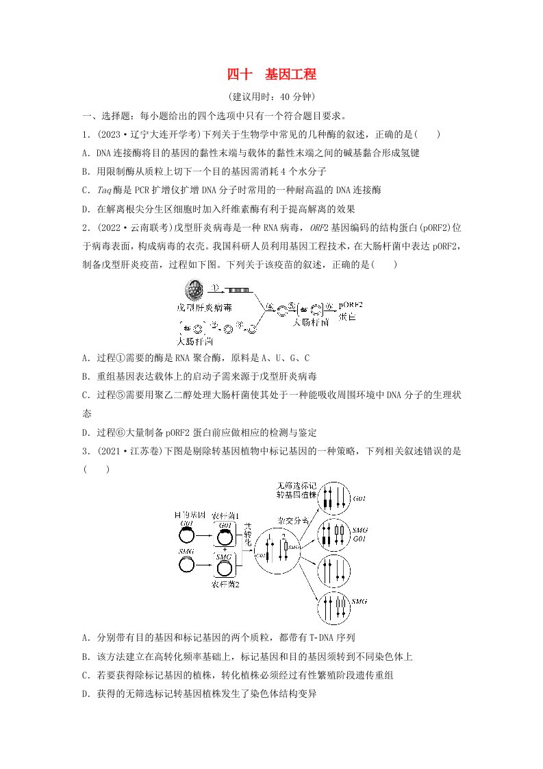 2024版高考生物一轮总复习课时质量评价40基因工程