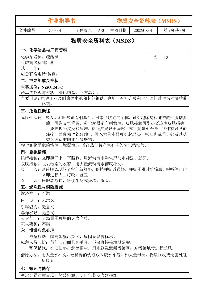 MSDS-硫酸镍