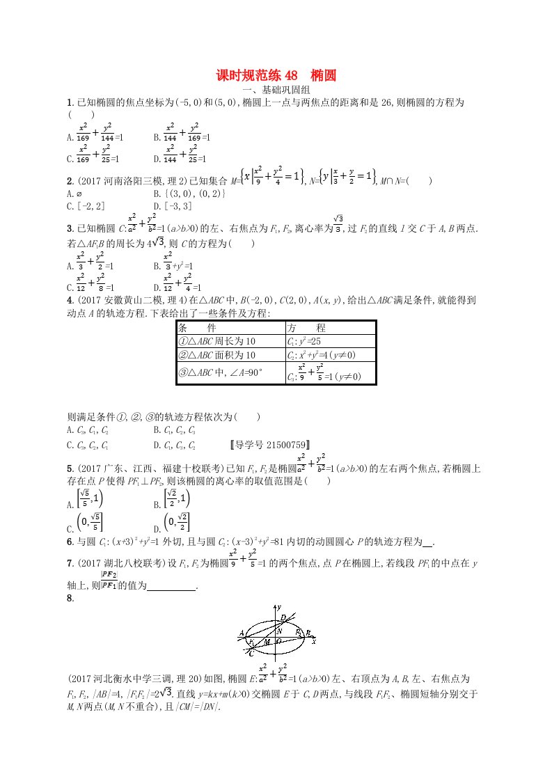 福建专用2019高考数学一轮复习课时规范练48椭圆理新人教A版