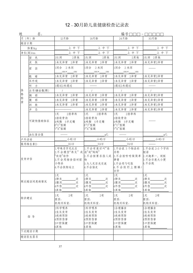 1230月龄儿童健康检查记录表