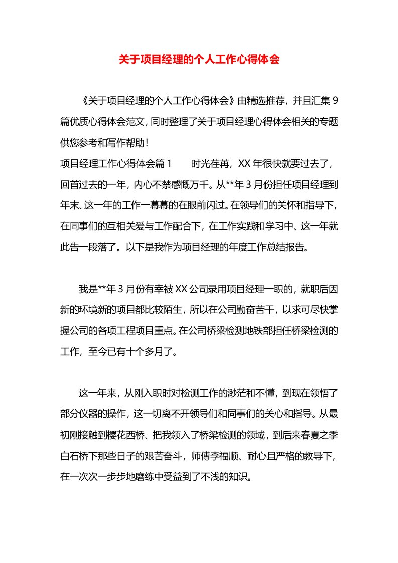 关于项目经理的个人工作心得体会