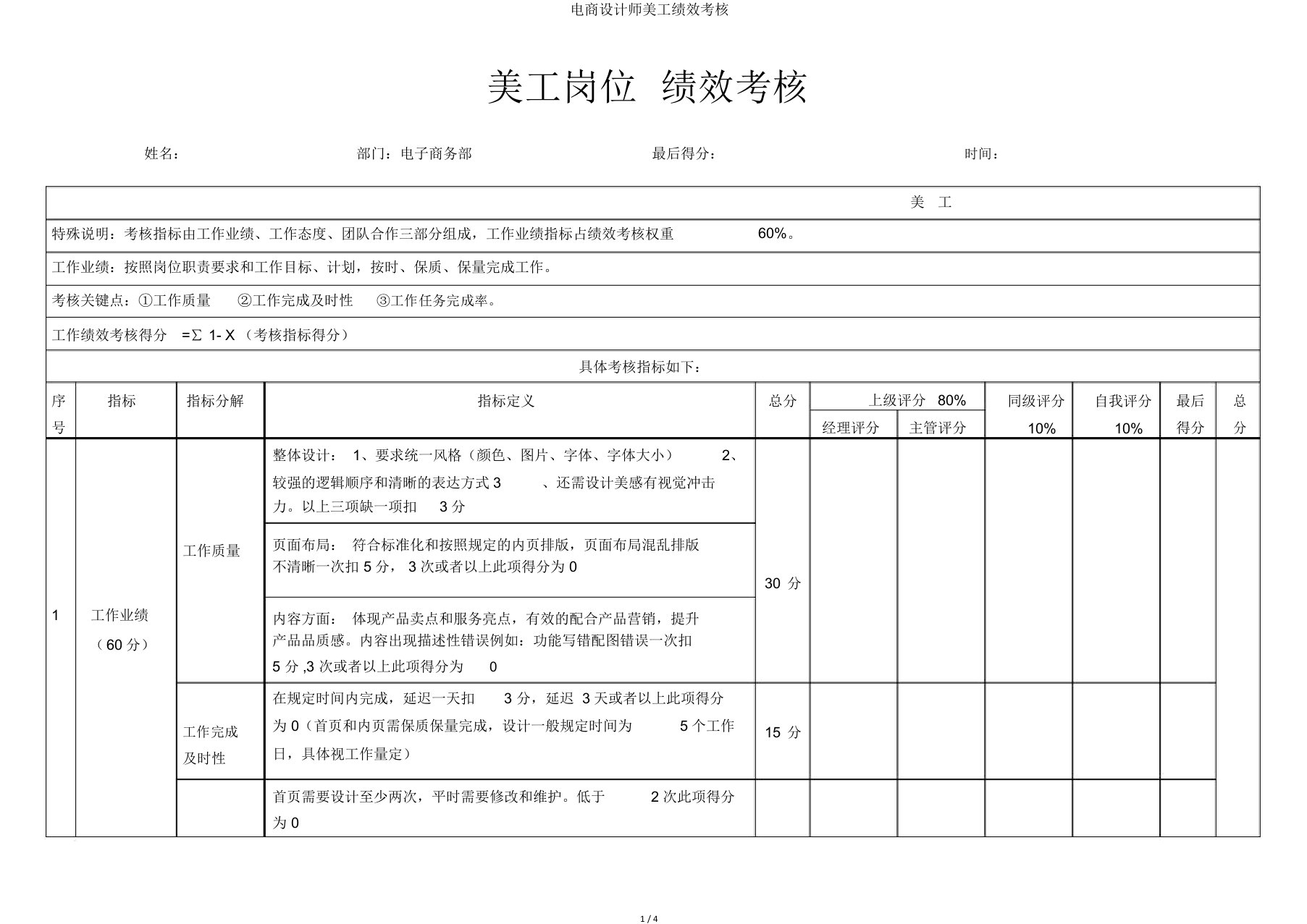 电商设计师美工绩效考核