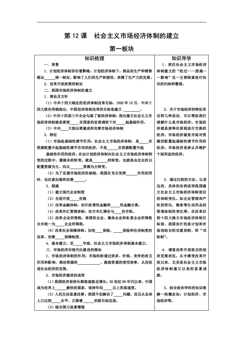 新人教版政治选修2《建立社会主义市场经济体制》