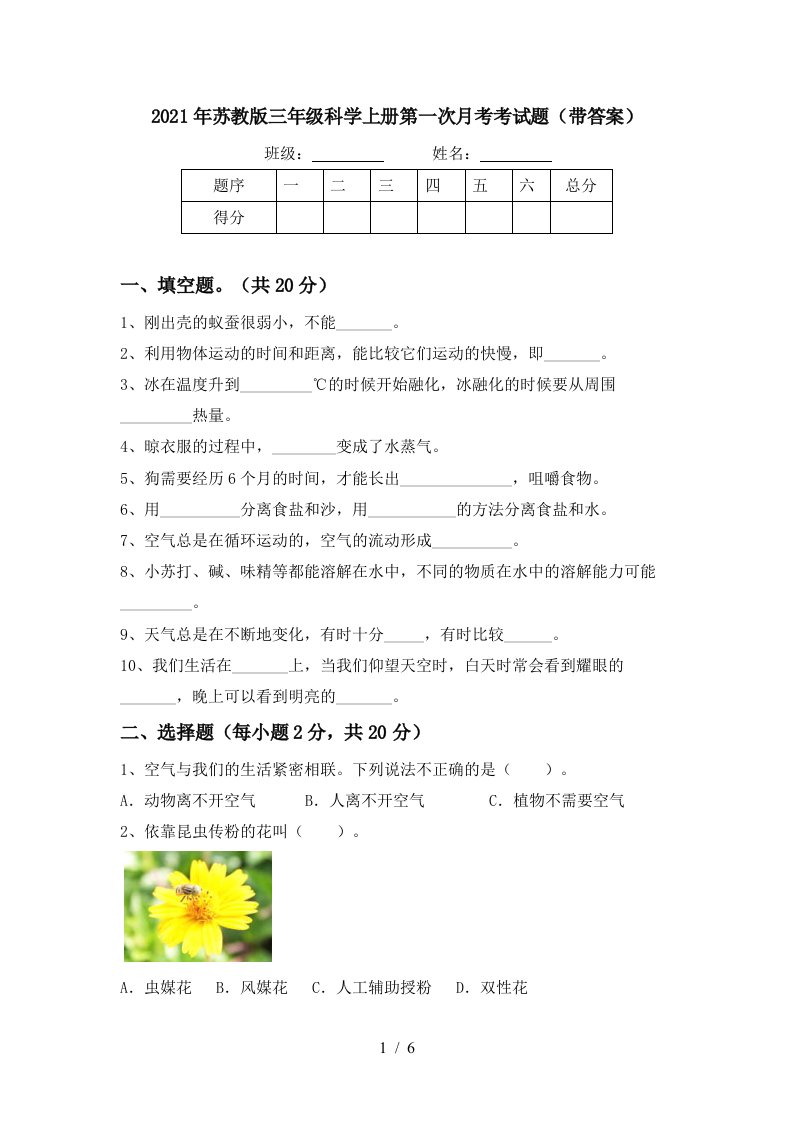 2021年苏教版三年级科学上册第一次月考考试题带答案