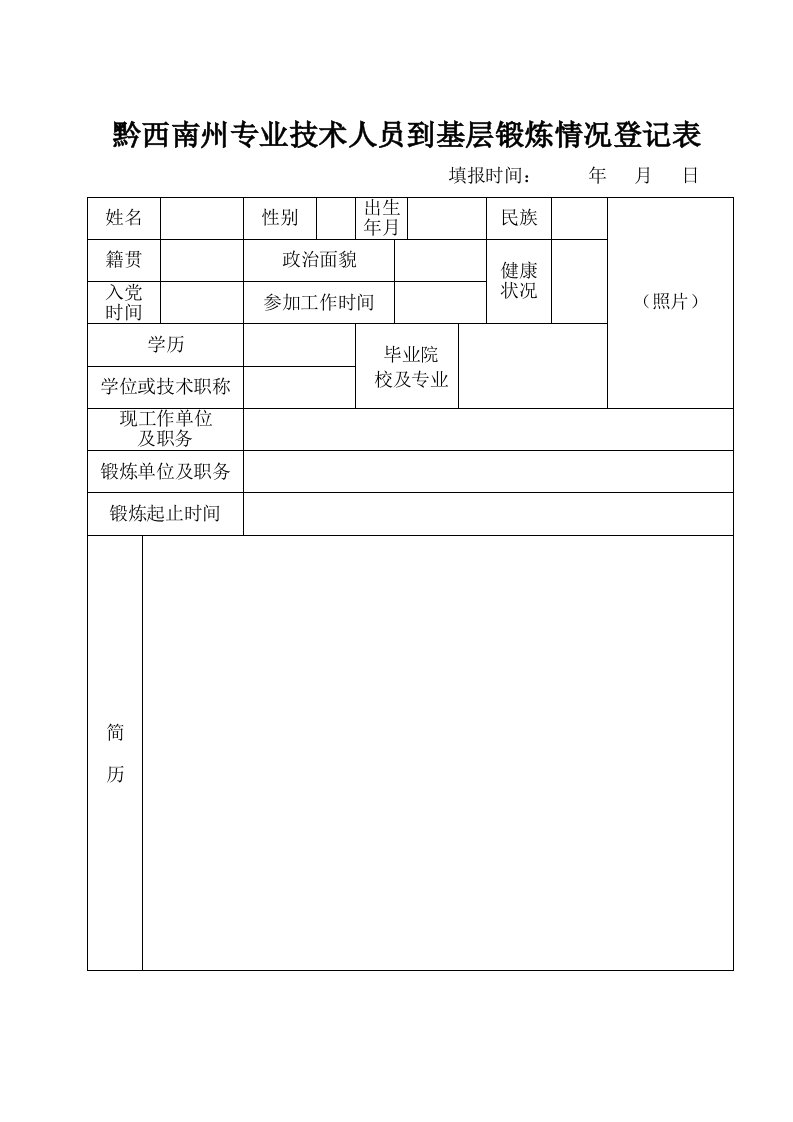 黔西南州专业技术人员到基层锻炼情况登记表