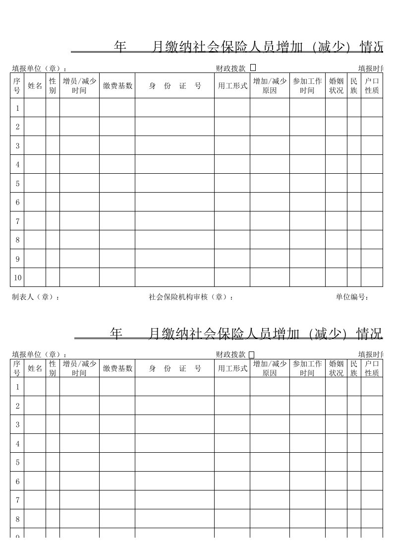 烟台市事业编社会保险增加减少表格