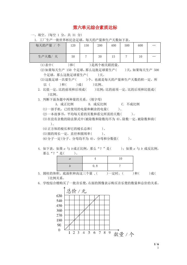 2024六年级数学下册第6单元正比例和反比例单元综合素质达标苏教版