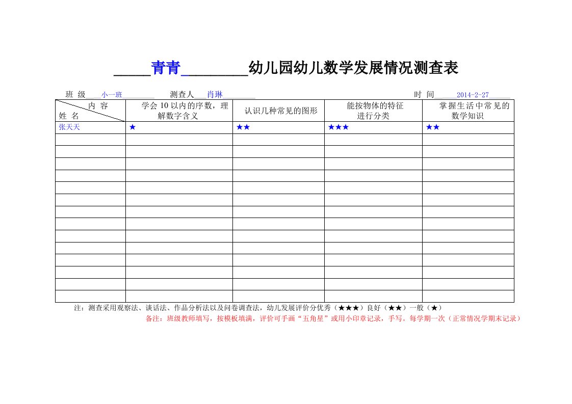 幼儿数学发展情况测查表