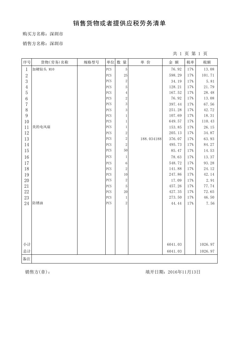 销货清单模板(税控版)