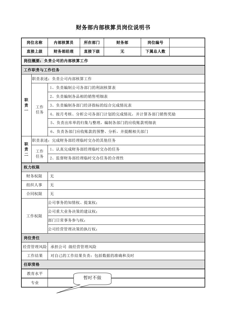 财务部内部核算员1岗位说明书