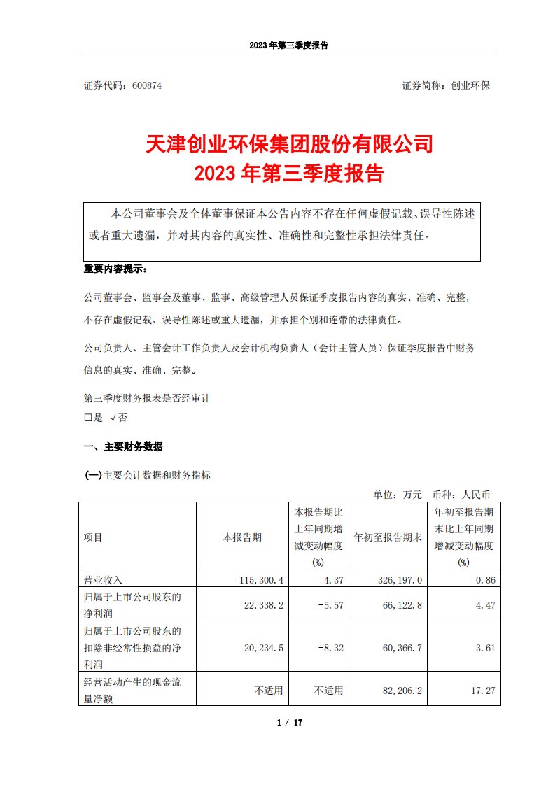 上交所-创业环保2023年第三季度报告-20231025