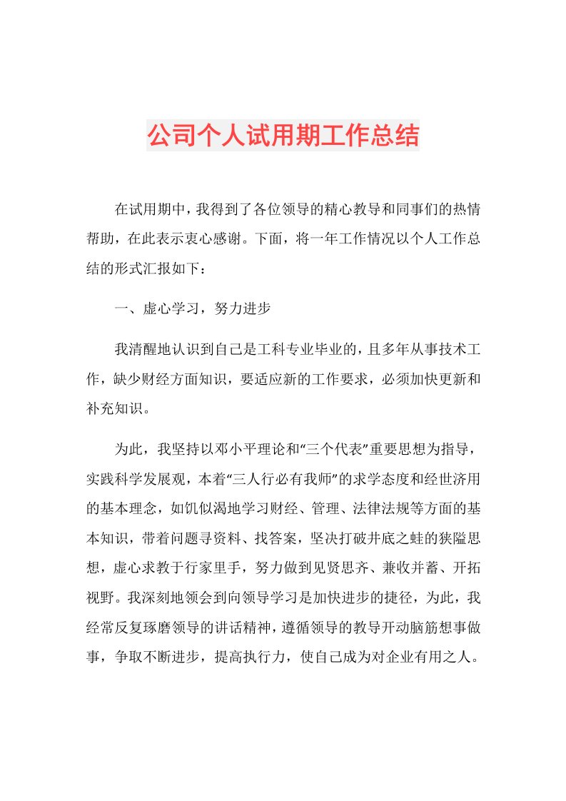 公司个人试用期工作总结