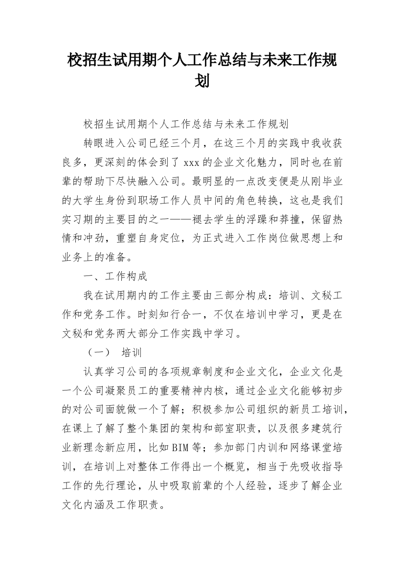 校招生试用期个人工作总结与未来工作规划