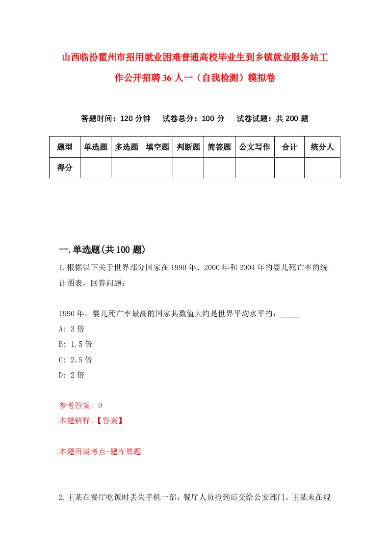 山西临汾霍州市招用就业困难普通高校毕业生到乡镇就业服务站工作公开招聘36人一自我检测模拟卷第3套