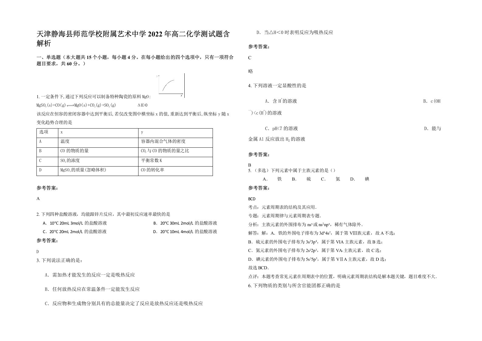 天津静海县师范学校附属艺术中学2022年高二化学测试题含解析