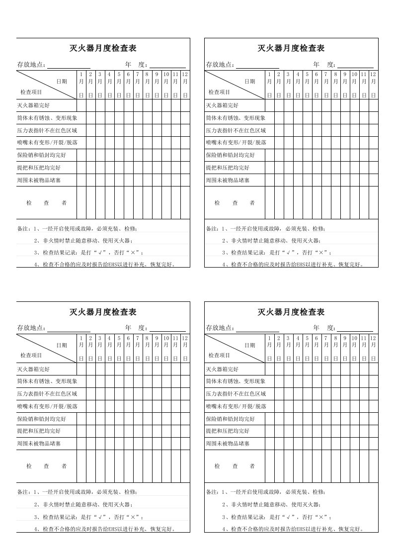 灭火器月度检查表