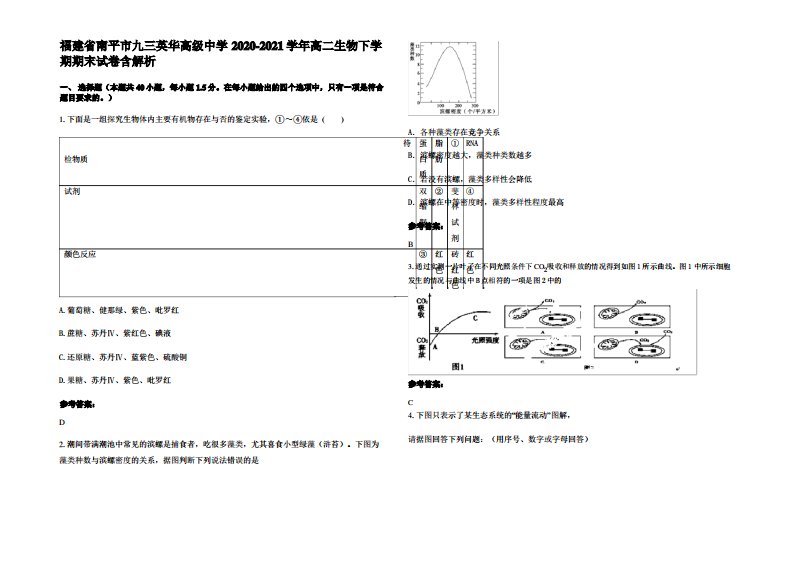 福建省南平市九三英华高级中学2020-2021学年高二生物下学期期末试卷含解析