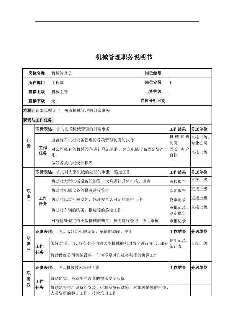 电力公司机械管理岗位说明书