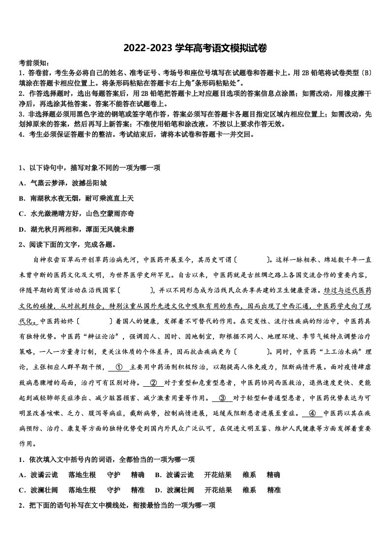 陕西省蓝田县2022-2023学年高三二诊模拟考试语文试卷含解析