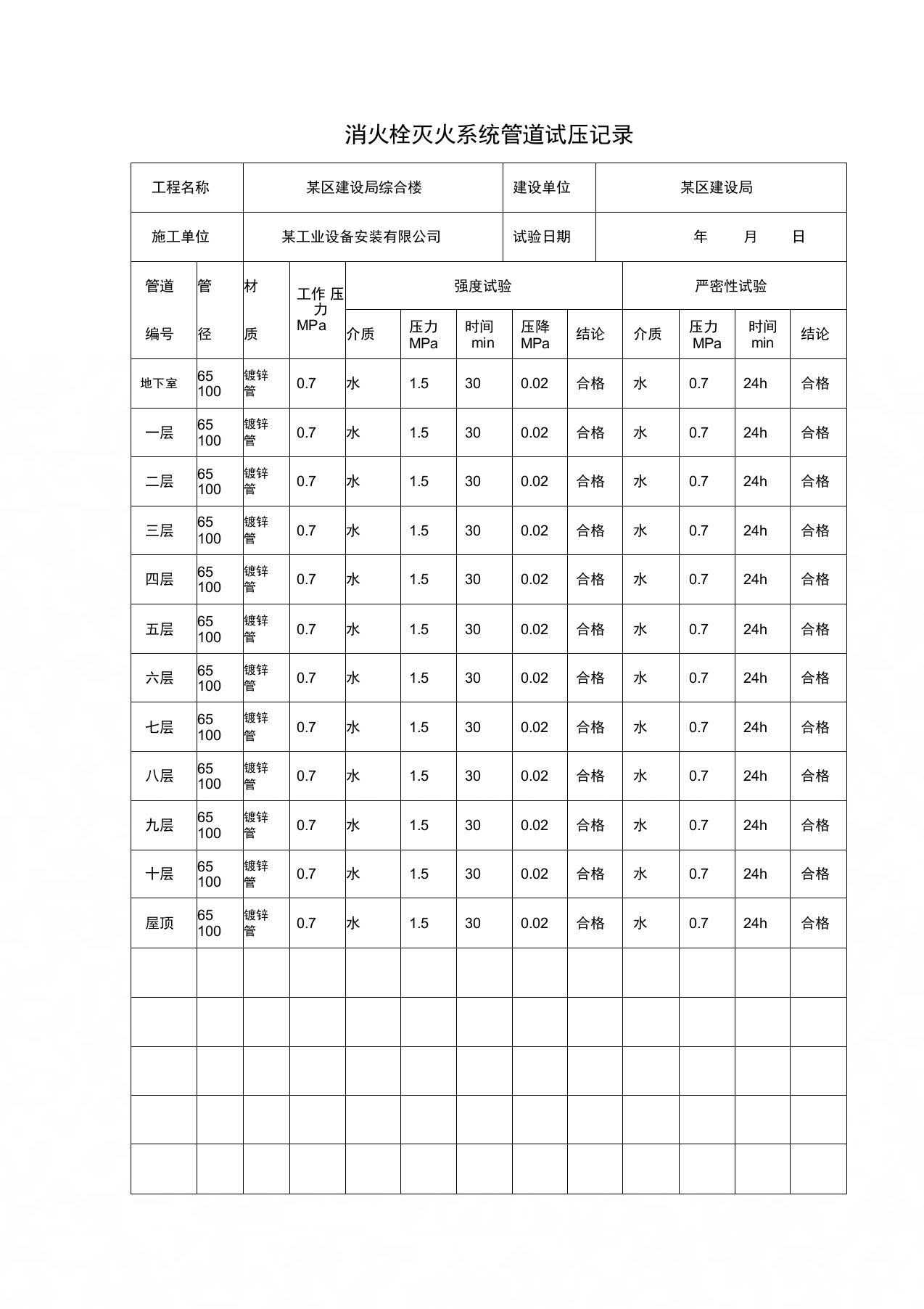 消火栓灭火系统管道试压记录