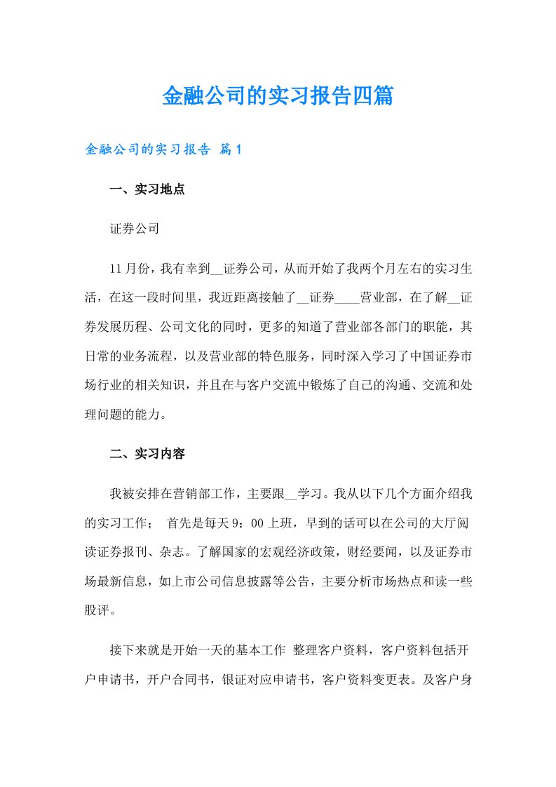 金融公司的实习报告四篇