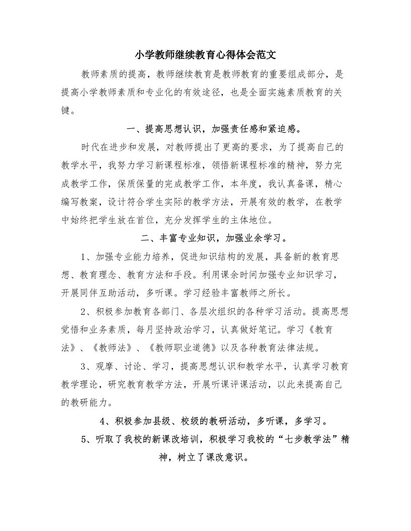 小学教师继续教育心得体会范文