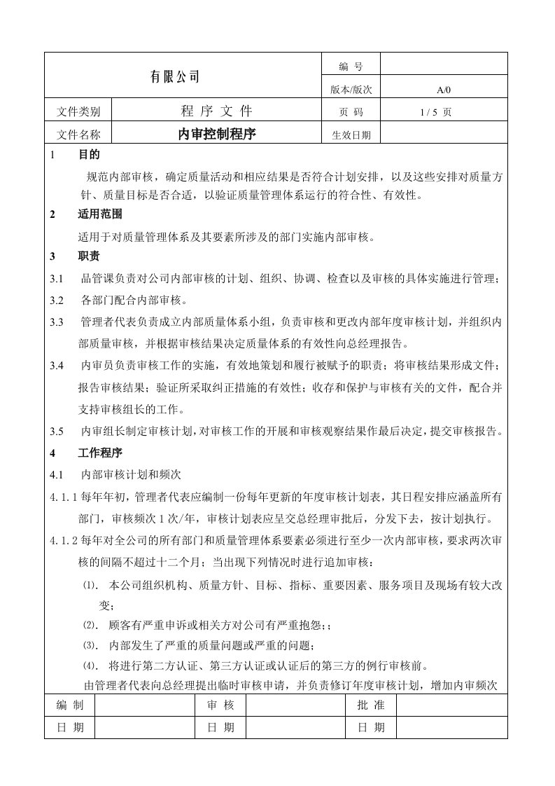 制造企业iso9001程序流程图--内审控制程序