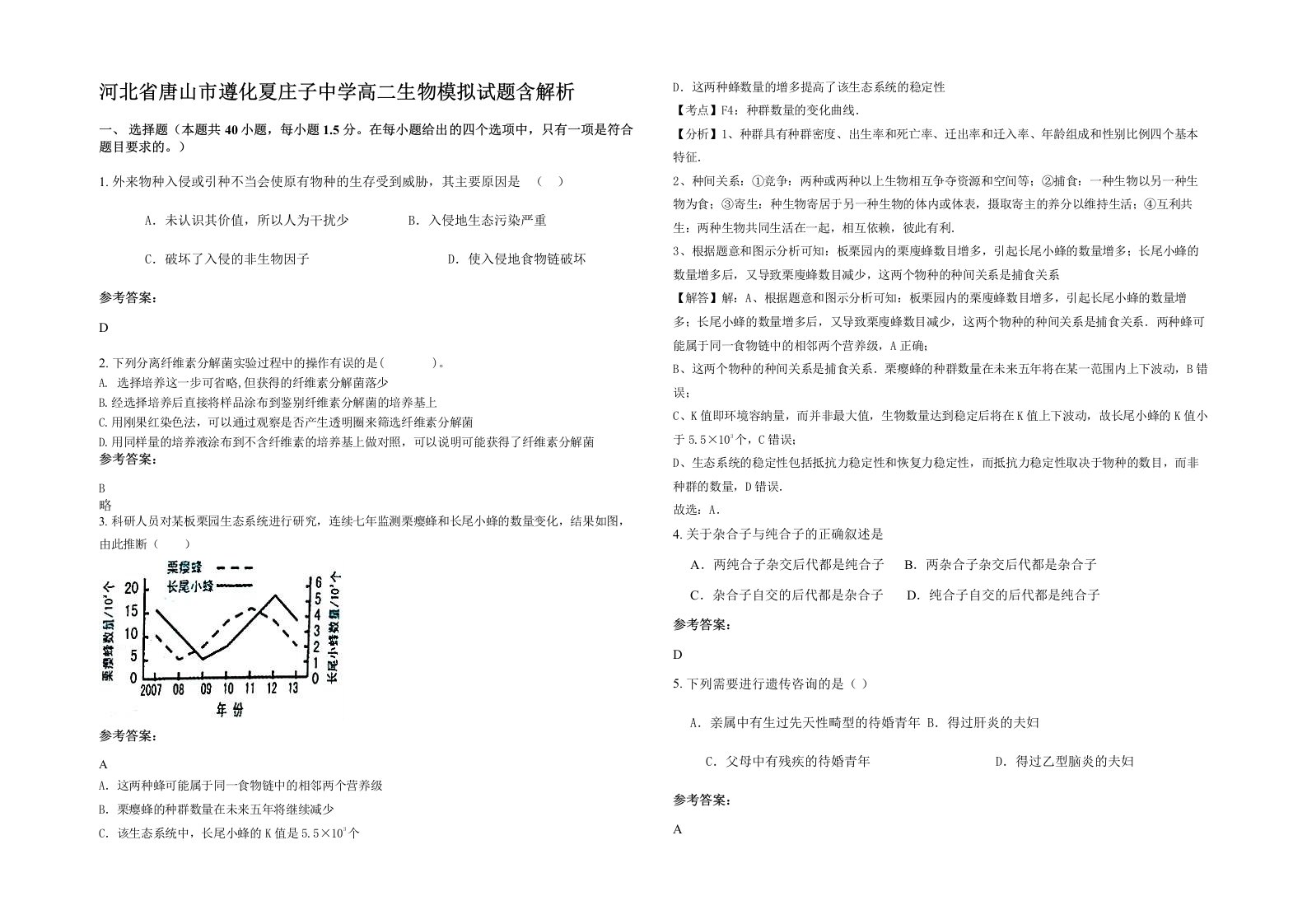 河北省唐山市遵化夏庄子中学高二生物模拟试题含解析