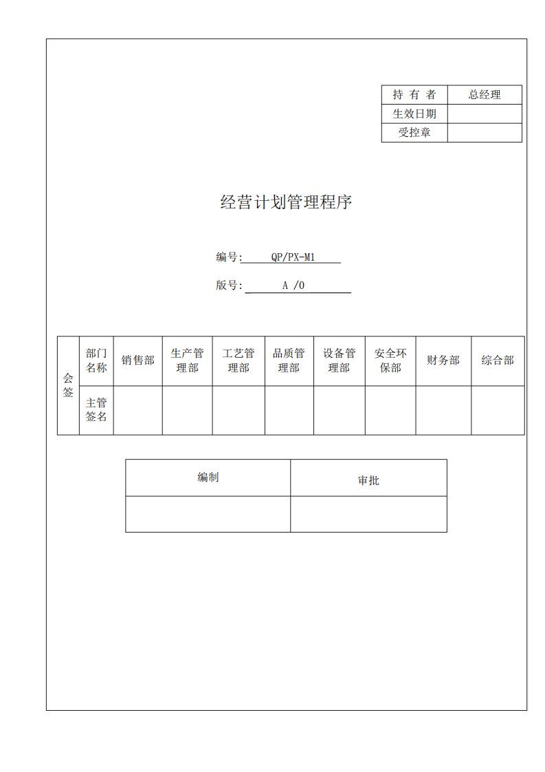 IATF16949程序文件M1经营计划管理程序