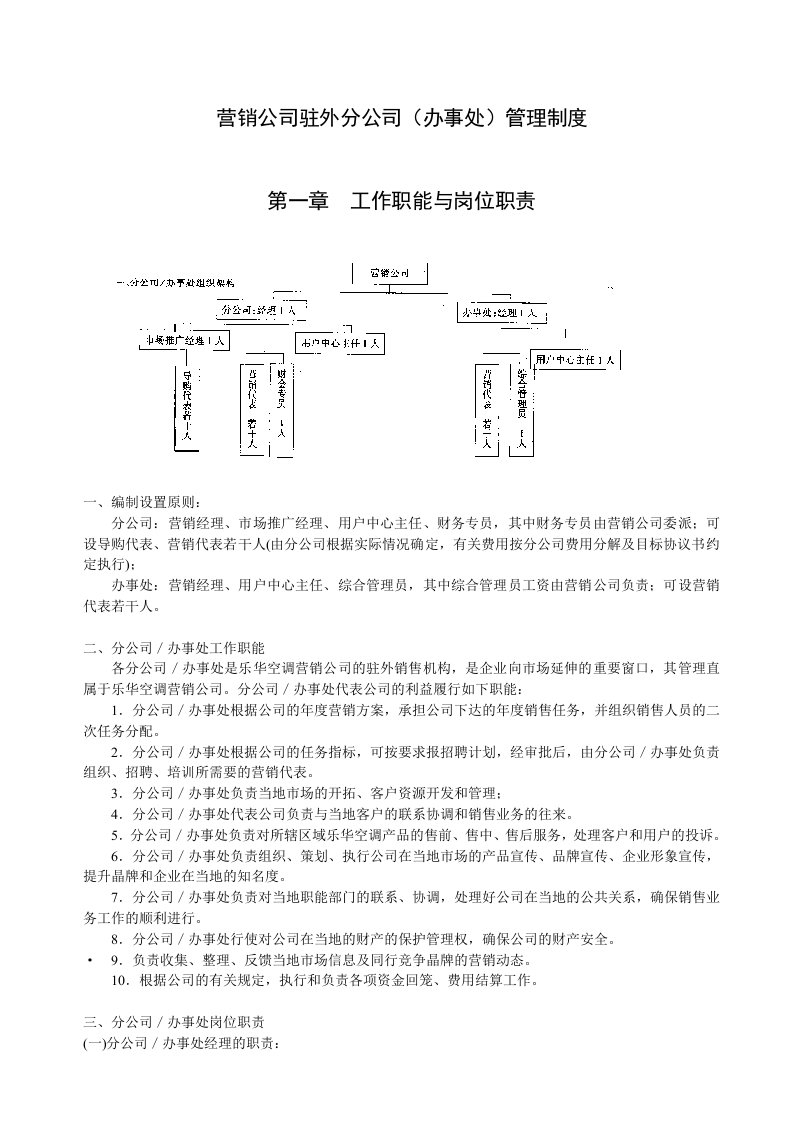 营销公司驻外分公司(办事处)管理制度