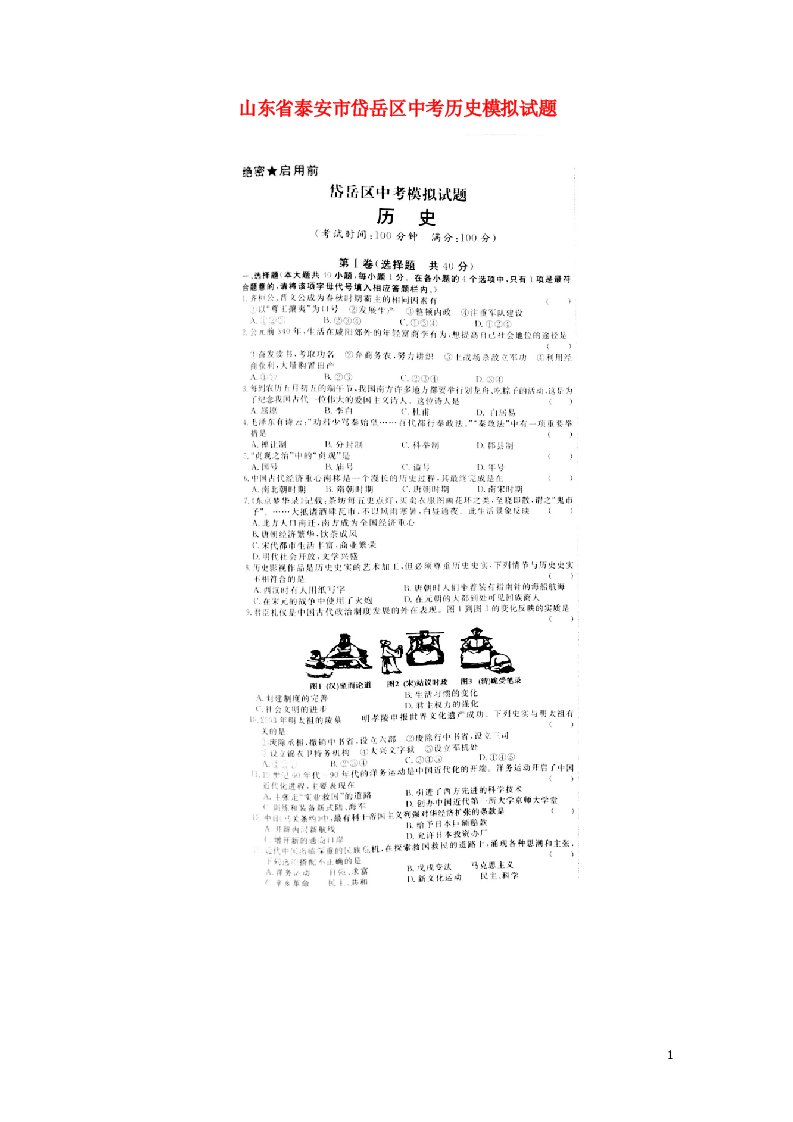 山东省泰安市岱岳区中考历史模拟试题（扫描版）