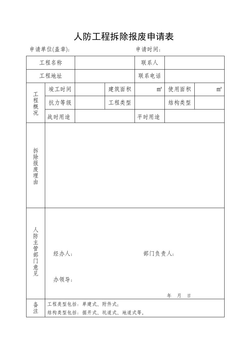 人防工程拆除报废申请表