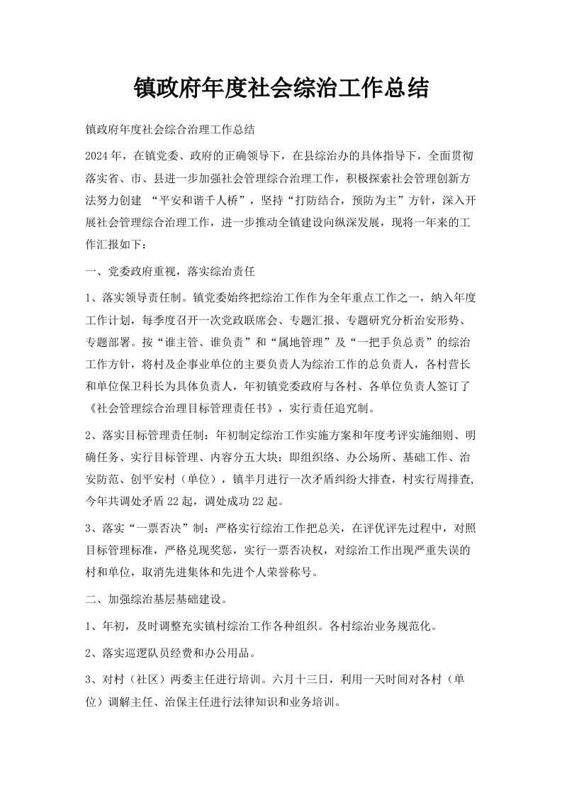 镇政府年度社会综治工作总结